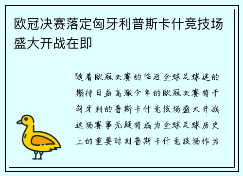 欧冠决赛落定匈牙利普斯卡什竞技场盛大开战在即 欧冠决赛落定匈牙利普斯卡什竞技场盛大开战在即